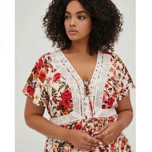 Torrid Babydoll Gauze Crochet Lace-Up Top Plus Size 1X NWT